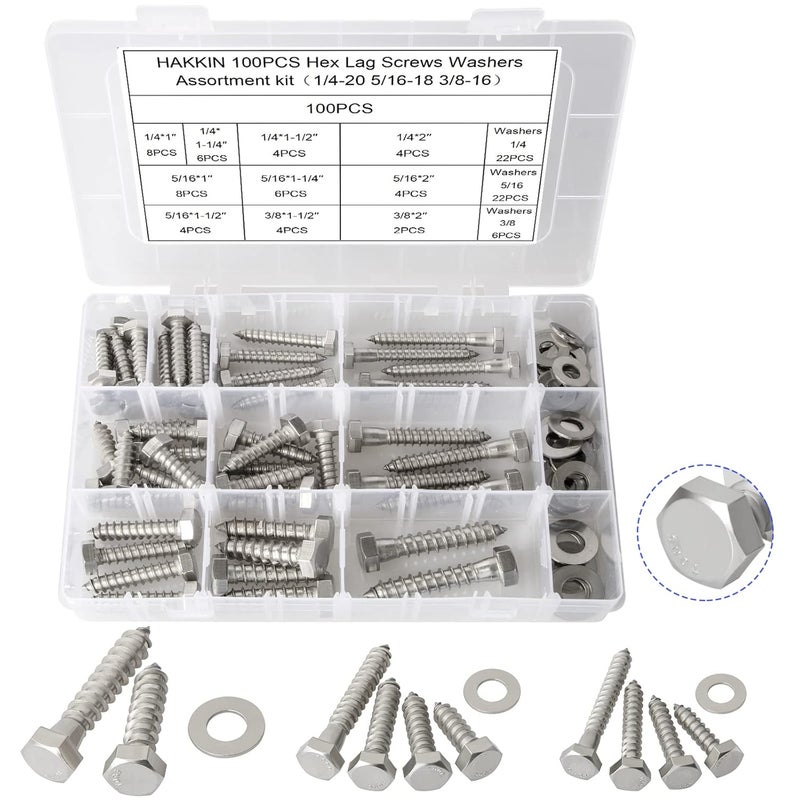 Hakkin 100PCS 1/4" 5/16" 3/8" Hex Lag Bolts Screws Washer Assortment Kit, Hexagon Head Lag Screws 304 Stainless Steel,Heavy Duty Wood Screws Assortment Kit Length Include 1" 1-1/4" 1-1/2" 2" - Image 1